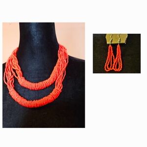 Red Coral twisted beaded two-strands necklace and earrings set